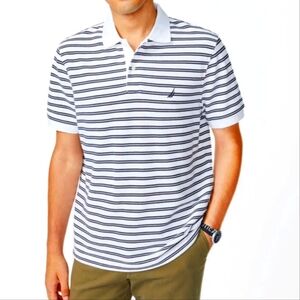 Brand New Nautica Polo shirt, XXL, light gray with dark blue stripes
